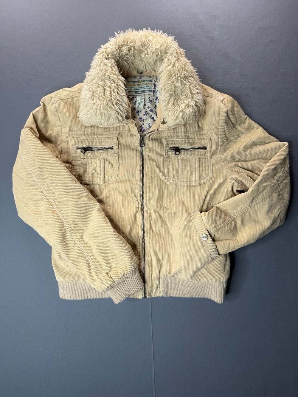Y2K Aeropostale Corduroy Jacket Size XL Tan Faux Fur Collar Quilted Floral